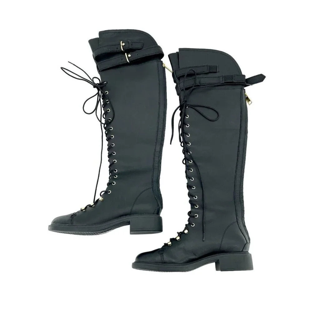Joie Gryffin Over the Knee Boots Lace Up Buckle Black Leather  EU 36 New